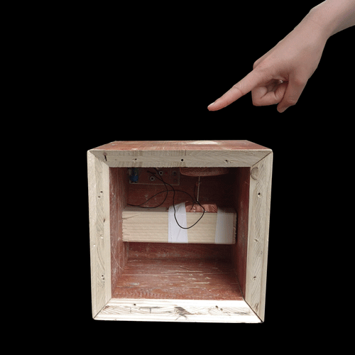 Crafted button using a wooden door knob, a nail, rubberbands, conductive fabric and a flip flop.